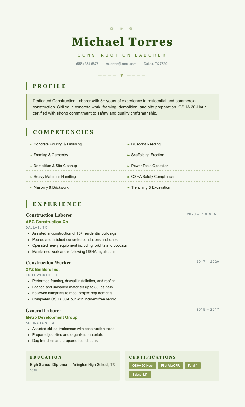 Botanical Nature construction laborer resume